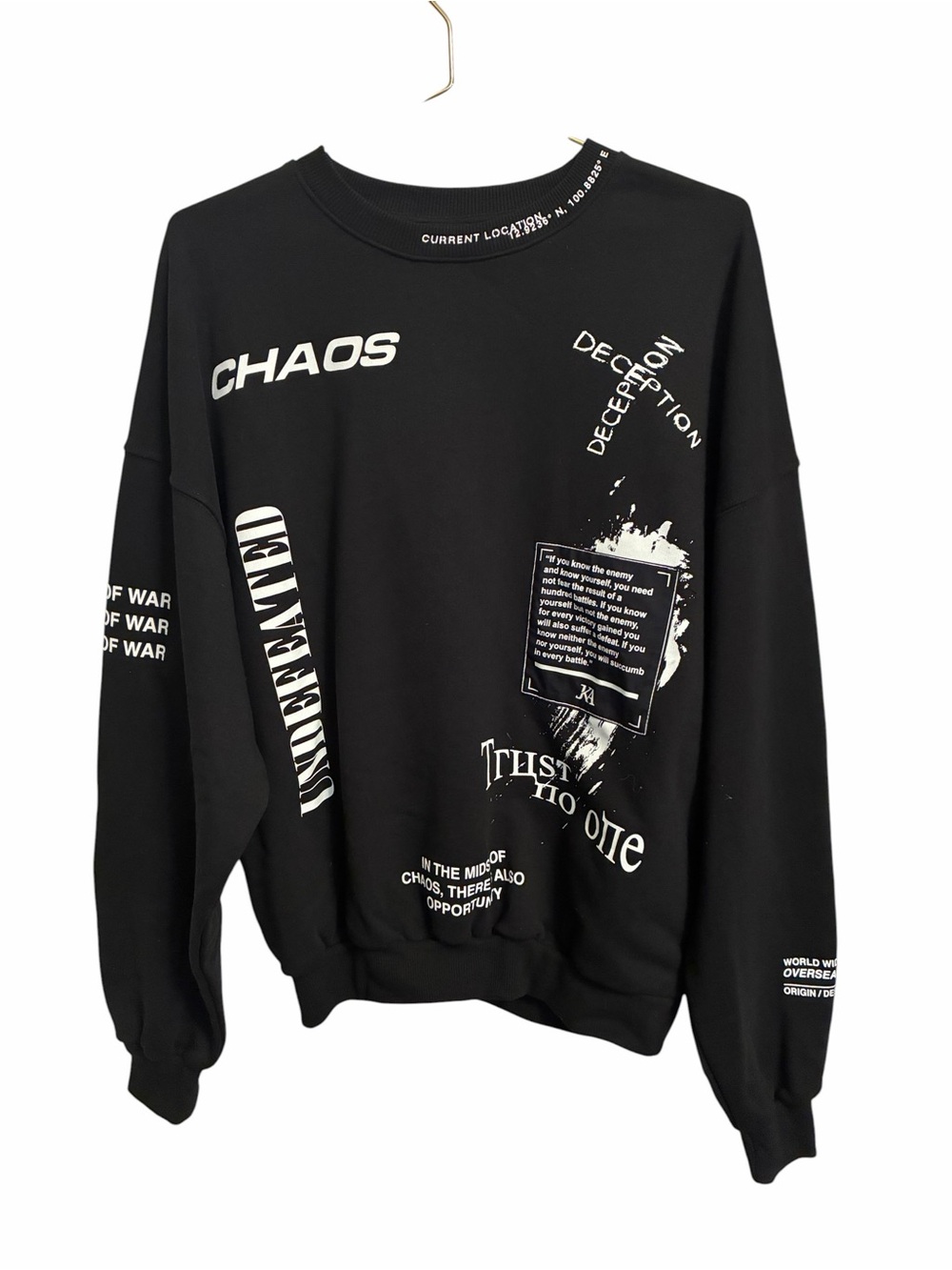 JK Attire Mens Black Chaos Graphic Crewneck Sweatshirt Sun Tzu Quote Size M